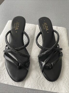 Alda Black Rhinestone Strappy Slide Sandals made in Italy